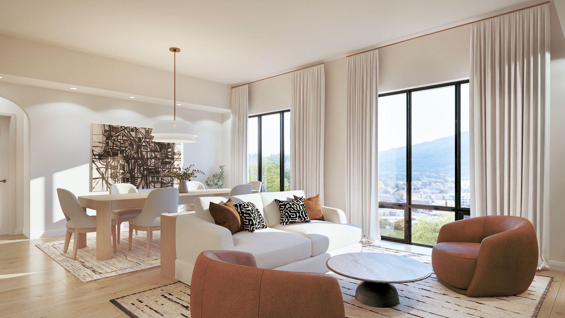 Station33 two-bedroom condo living room with mountain views